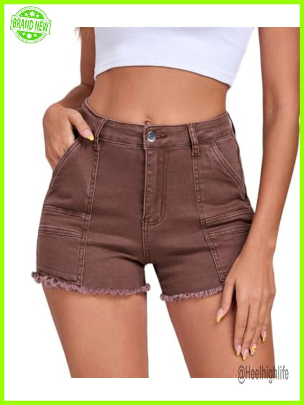 Women's Stretchy Cargo Jean Shorts Mid Rise Raw Hem Jorts with Pockets